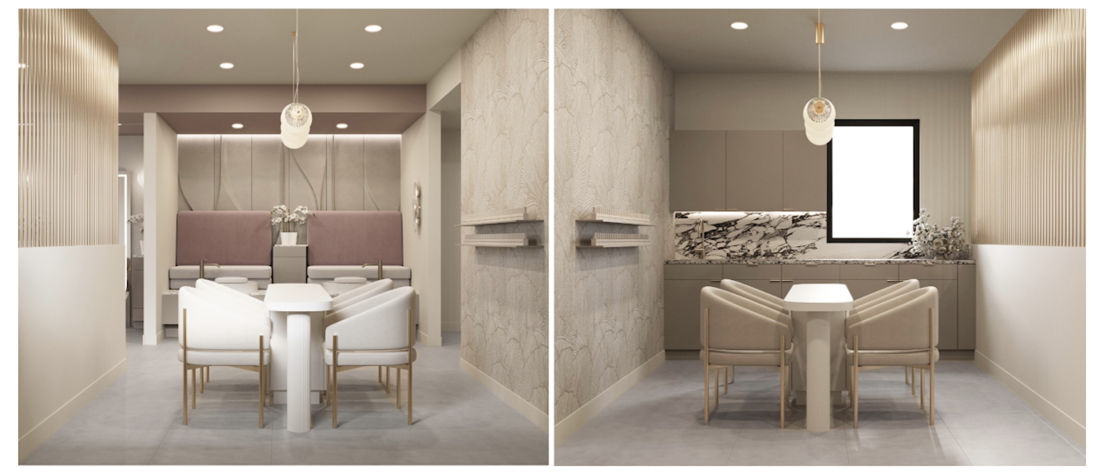 Salon consultation and waiting area with blush seating and gold details